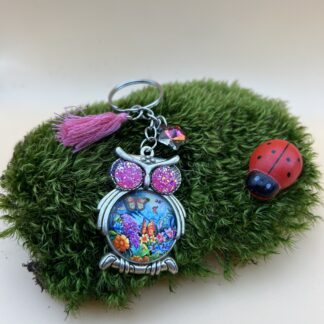 Porte-clés "Chouette vintage" pompon rose