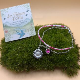 Bracelet "fleur argentée" perle rose